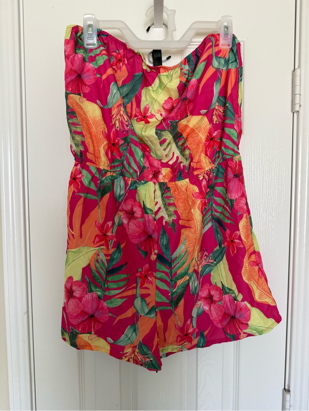 Shein Tropical Strapless Floral Romper in Fuchsia, Green & Yellow - Sz XL
